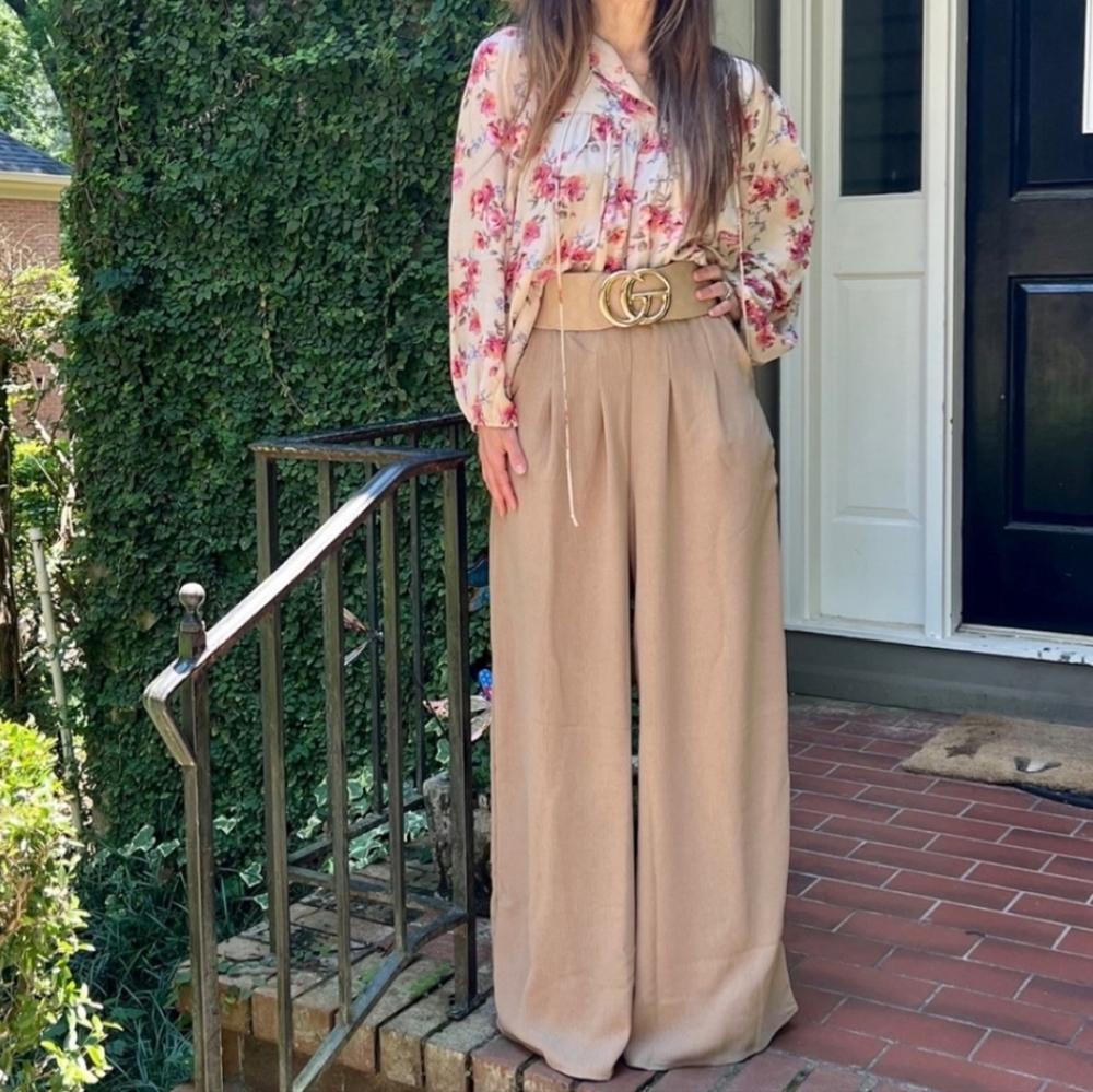 #128 LAST CHANCE! 🛑L Mocha Khaki Fabulous Boho Wide Leg Solid Pleated Pants - Picture 2 of 11